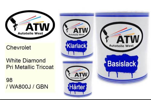 Chevrolet, White Diamond Pri Metallic Tricoat, 98 / WA800J / GBN: 1L Lackdose + 1L Klarlack + 500ml Härter - Set, von ATW Autoteile West.